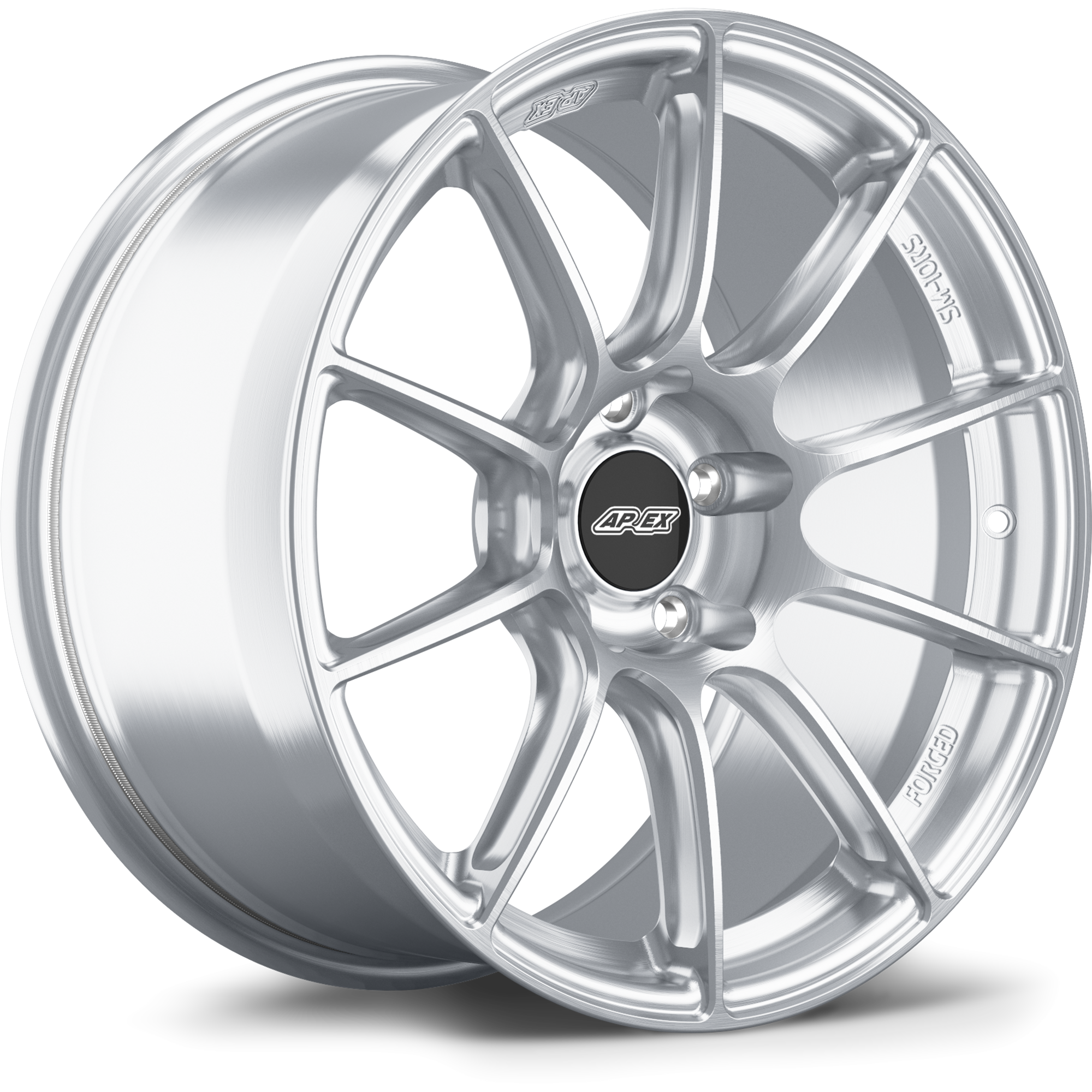 Silver alloy wheel with ten-spoke design and black center cap on white background - APEX Wheels wheel for 18x9 ET30 5x120 - Brushed Clear