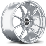 Silver alloy wheel with ten-spoke design and black center cap on white background - APEX Wheels wheel for 18x9 ET30 5x120 - Brushed Clear