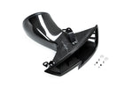 Two carbon fiber aerodynamic ducts with mounting brackets and hardware on white background - Eventuri headlamp race duct for Audi RS3