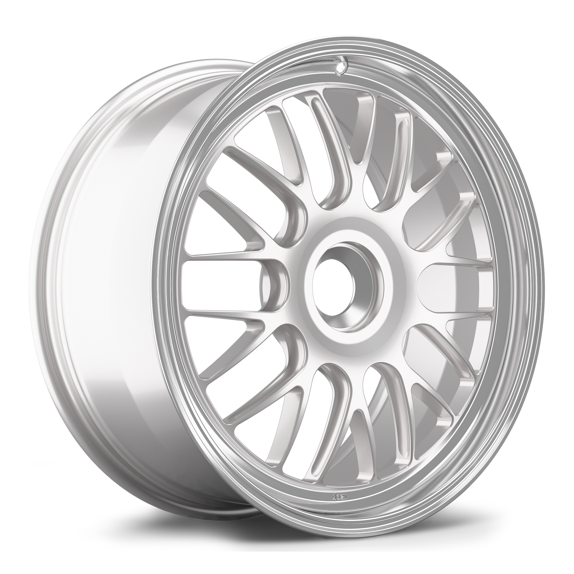 Silver forged aluminum wheel with multi-spoke design and polished stepped lip barrel on white background - APEX Wheels wheel for 20x9 ET47 PSCL - Race Silver - Machined Lip