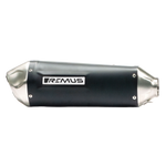 Remus Yamaha Tenere 700 Offroad Line Slip-On Exhaust, black silencer with brushed end caps and Remus logo, gray backdrop