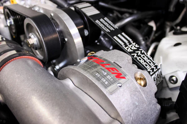 close view of Stillen Supercharger - Tuner Kit [Polished] for Nissan 370Z [Z34] Nismo 2012-2014 fitted inside a car