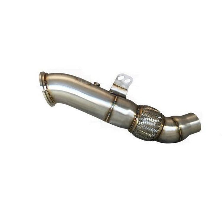 A side view of Evolution Racewerks Competition Series 4.5" Catless Downpipe BMW G20 M340i B58 Engine in Brushed Finish 
