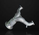 A front wide view of IPE SS Catless Downpipe for Audi S4 B9 / S5 F5 2017-2025 with black background