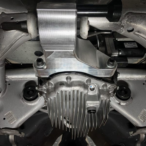A front view of RK Autowerks F1X M5 & M6 BILLET DIFFERENTIAL MOUNT fitted on a car