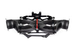 Complete carbon fiber cold air intake assembly with dual intake tubes, black mounting brackets, and metal framework on white background - Eventuri cold air intake for Chevrolet Corvette Stingray