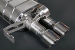 Close-up of the Capristo BMW M3 E92 valved muffler outlet with polished twin tips