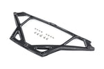 Triangular carbon fiber strut brace with geometric cutouts and mounting bolts displayed on clean white background - Eventuri strut brace for BMW M2