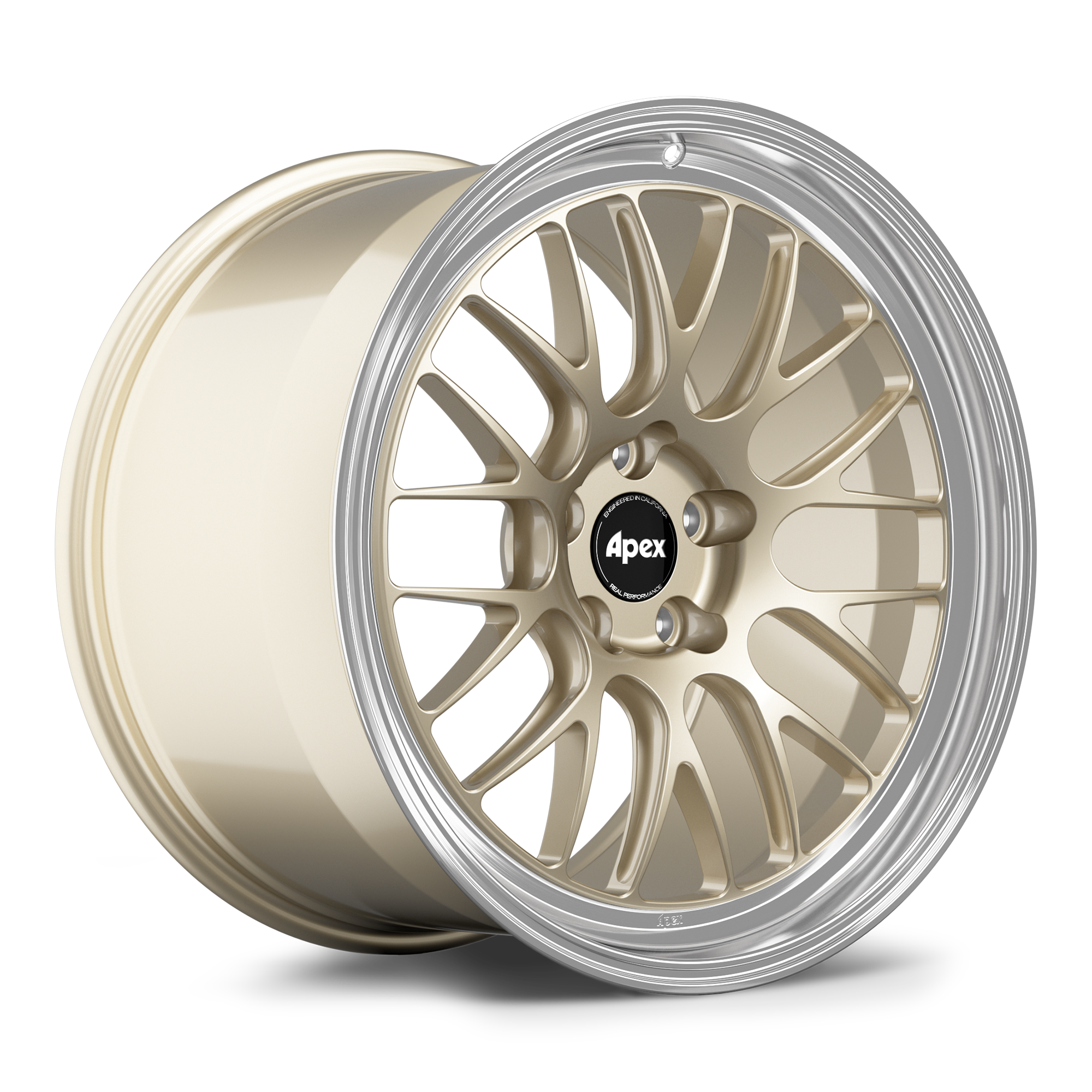 Gold-finished alloy wheel with multi-spoke design and polished silver lip, isolated on white background - APEX Wheels wheel for 20x12 ET50 5x120.65 - Gloss Motorsport Gold - Machined Lip