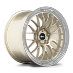 Gold-finished alloy wheel with multi-spoke design and polished silver lip, isolated on white background - APEX Wheels wheel for 20x12 ET50 5x120.65 - Gloss Motorsport Gold - Machined Lip