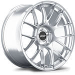 Silver forged aluminum wheel with ten-spoke design and black center cap on white background - APEX Wheels wheel for 19x9.5 ET22 5x120 - Brushed Clear