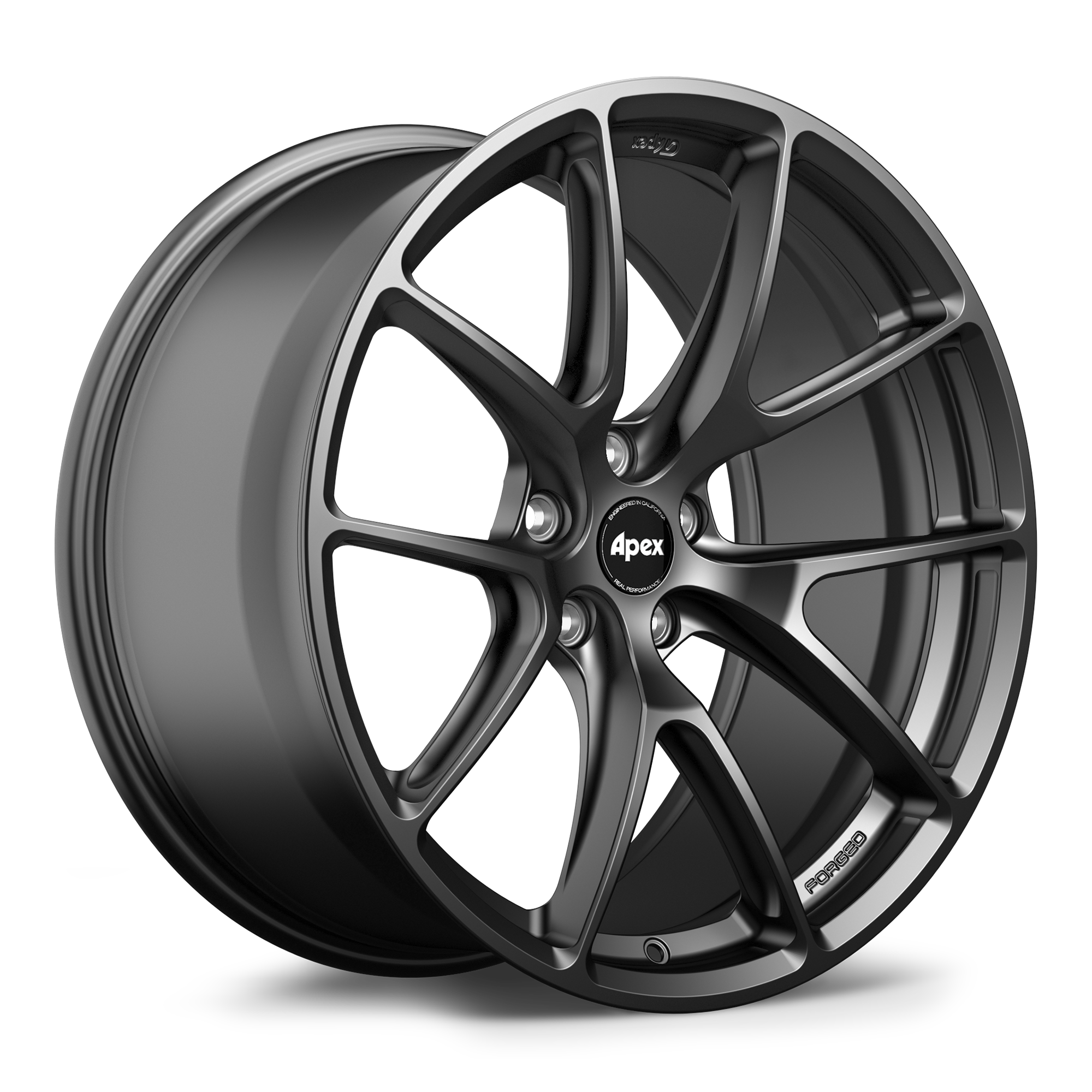 Gunmetal finished alloy wheel with split five-spoke design and curved spokes on clean white background - APEX Wheels wheel for 20x9.5 ET33 5x114.3 - Satin Black