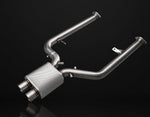 A front view of the front pipe of the IPE SS Cat-Back Exhaust System for BMW M3 / M4 Competition (G80/G82 - S58) 2021-2025 with black background