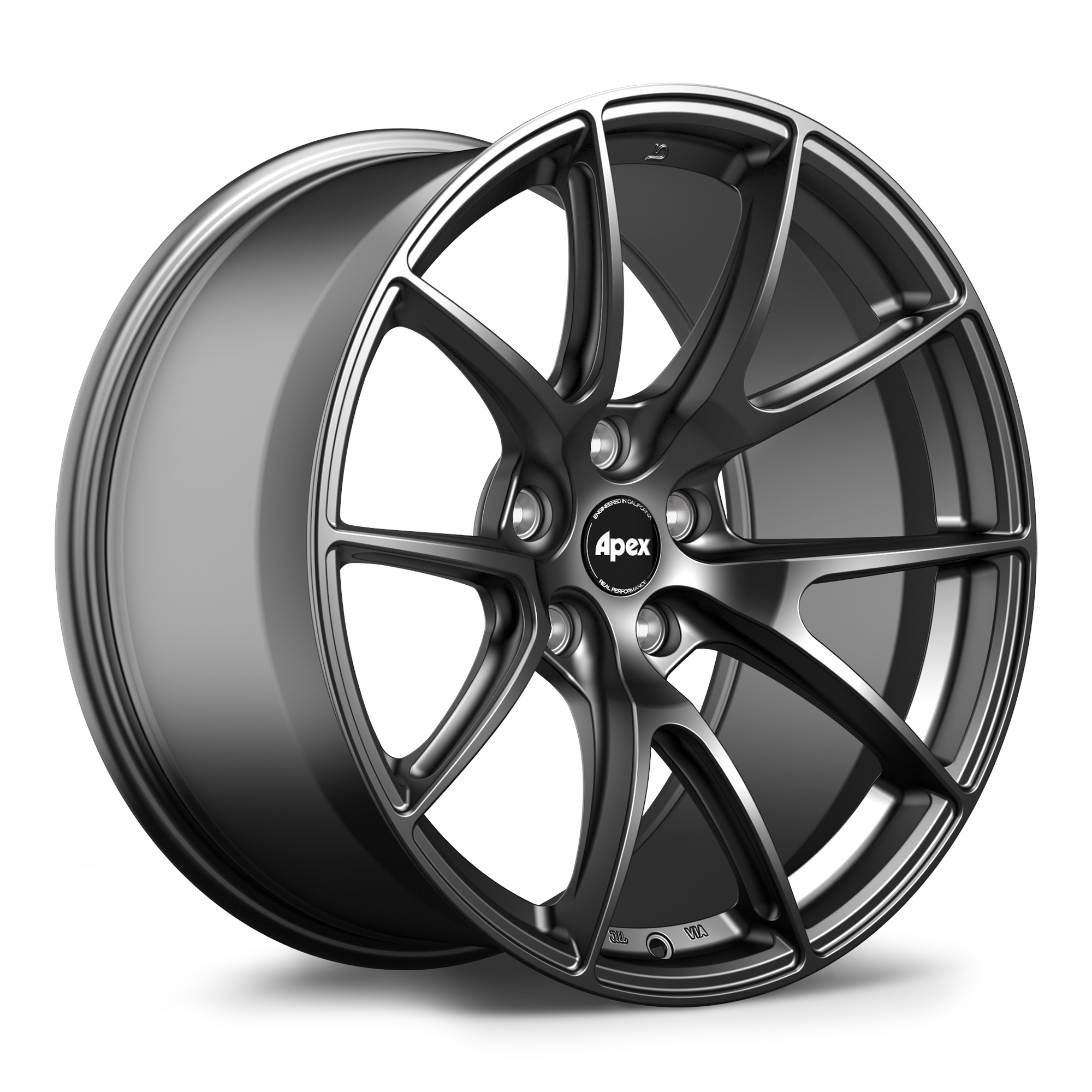 Single alloy wheel with gunmetal gray finish and ten-spoke design on white background - APEX Wheels wheel for 19x9.5 ET22 5x120 - Satin Black