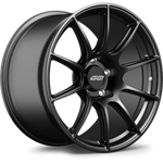 Single black alloy wheel with ten-spoke design and center cap on white background - APEX Wheels wheel for 19x10.5 ET44 5x130 - Satin Black