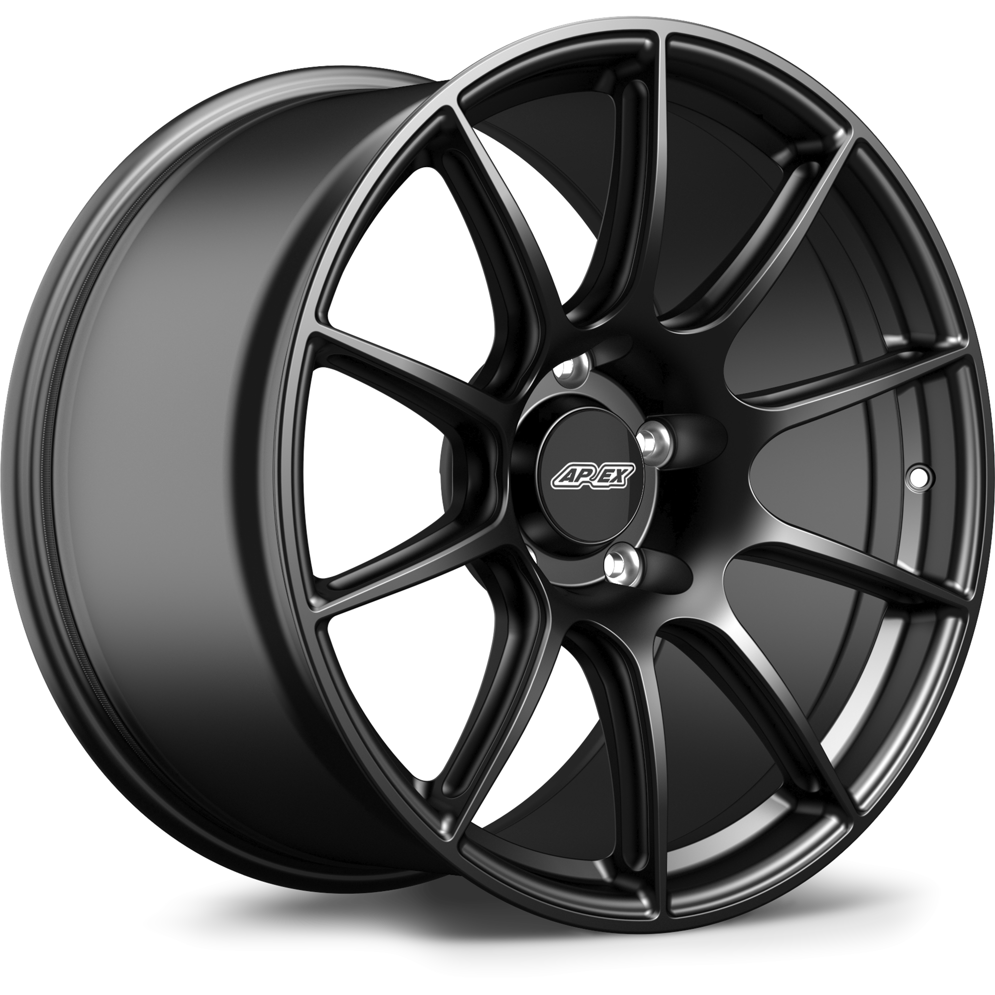 Matte black alloy wheel with split-spoke design and center cap on white background - APEX Wheels wheel for 19x12 ET65 5x130 - Satin Black