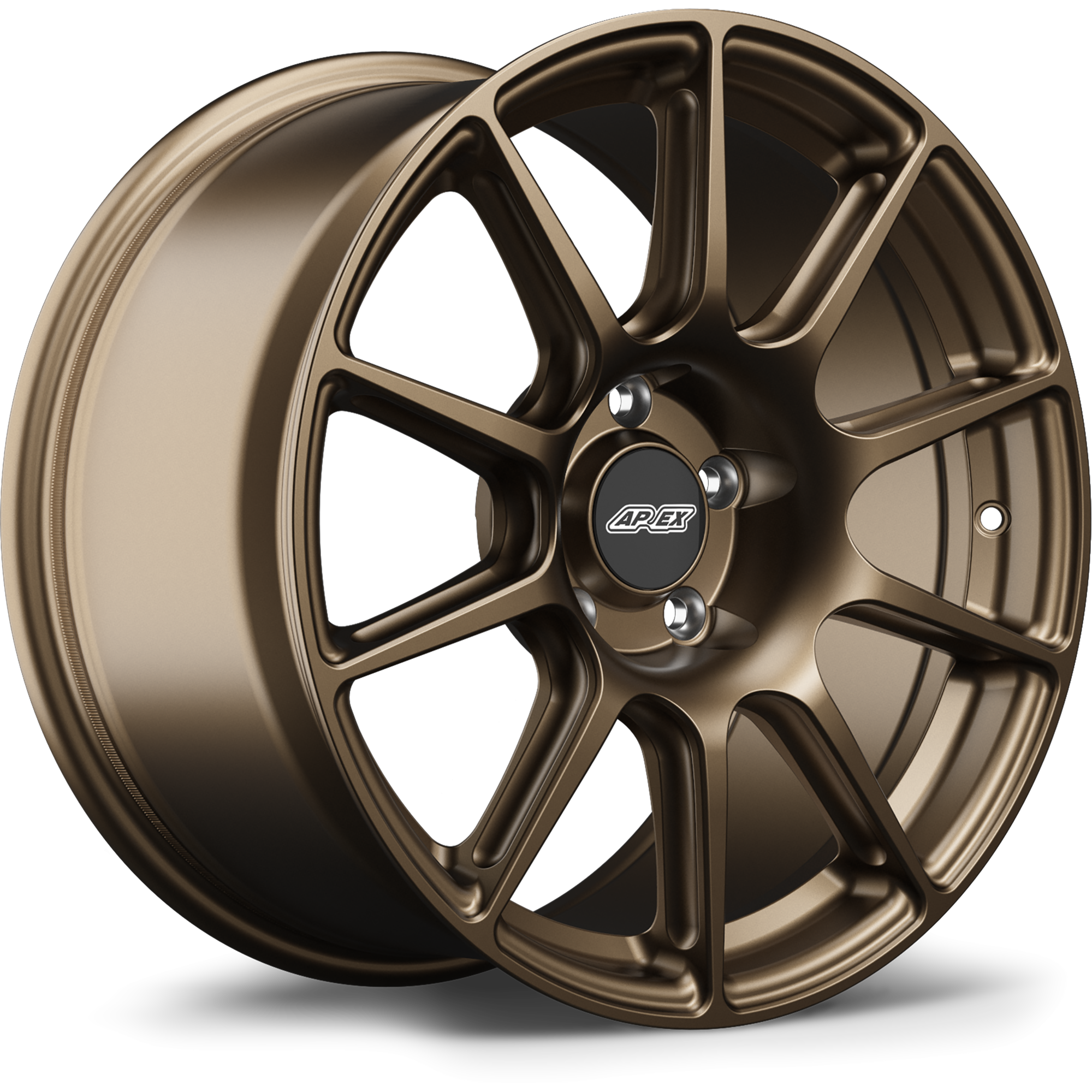 Bronze finished alloy wheel with ten-spoke design and center cap on white background - APEX Wheels wheel for 17x9 ET42 5x112 - Satin Bronze