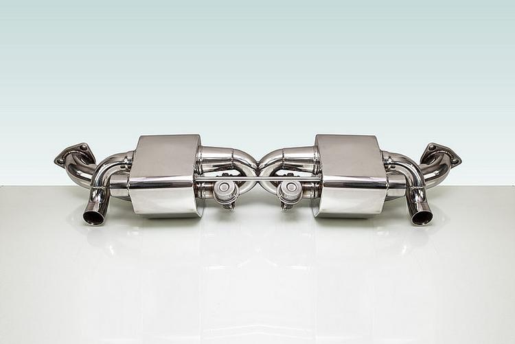A front view of TECHART Sports Exhaust System with Valve Control Porsche 991.1 Carrera S /4 /4S