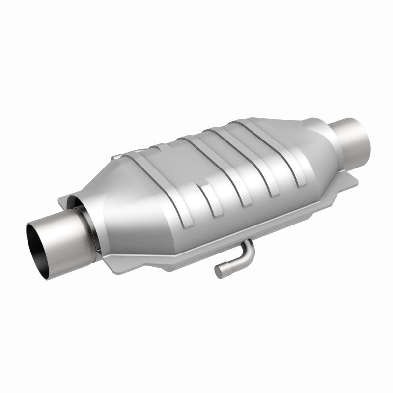 MagnaFlow 3322024 universal catalytic converter, front three-quarter view of the turntable spin