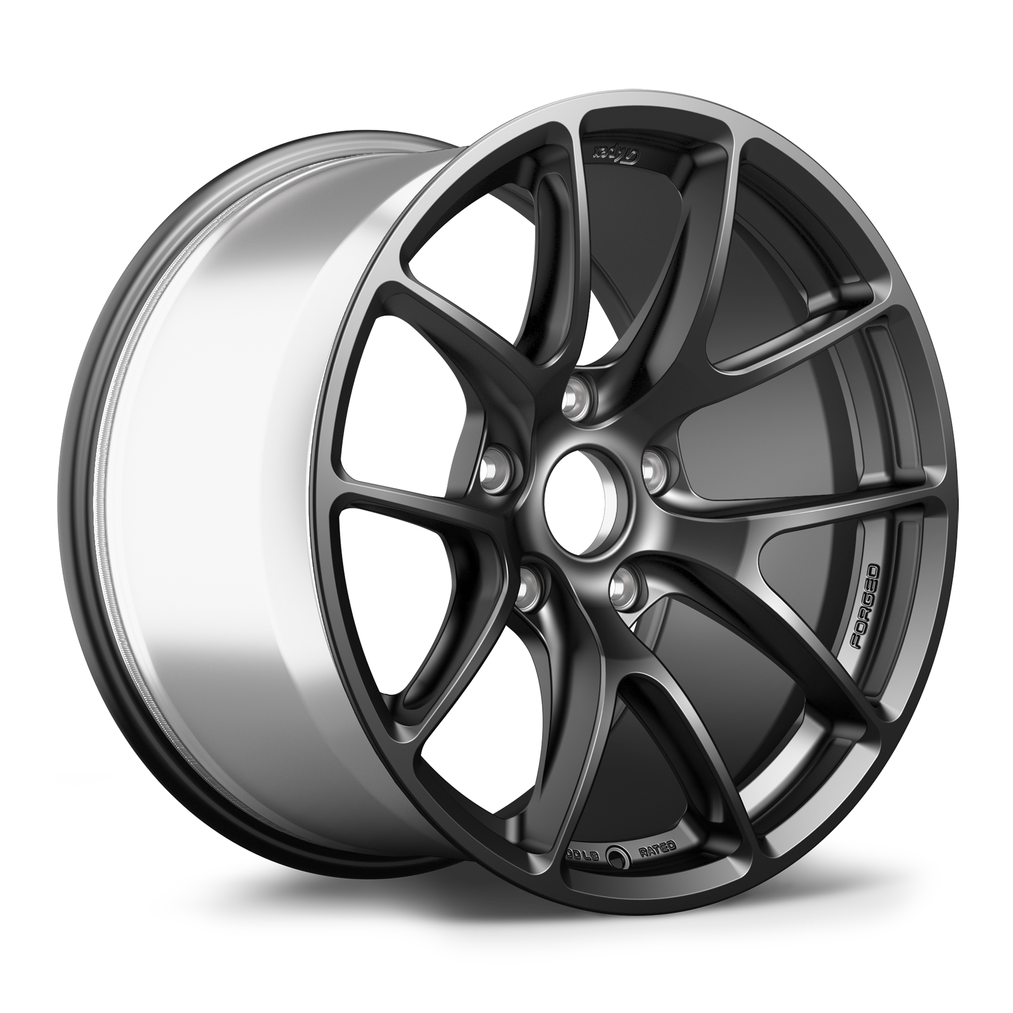 Satin gunmetal forged wheel with curved Y-spoke design and polished silver barrel at three-quarter angle - APEX Wheels wheel for 18x10.5 ET45 5x120 - Satin Black