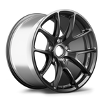 Gunmetal gray alloy wheel with multi-spoke design and polished lip displayed on white background - APEX Wheels wheel for 18x11 ET52 5x114.3 - Satin Black