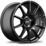 Black alloy wheel with split-spoke design and center cap on white background - APEX Wheels wheel for 17x8.5 ET43 5x112 - Satin Black