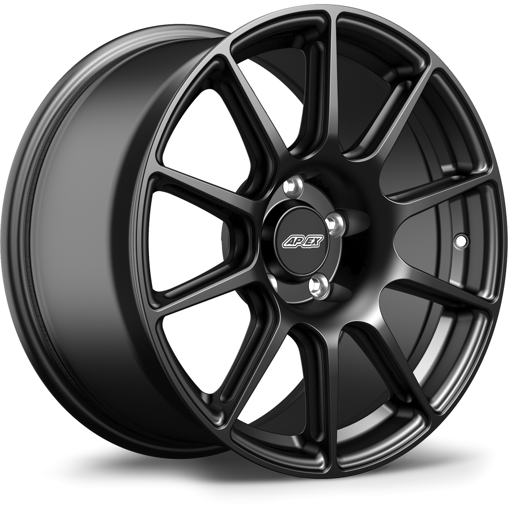 Black forged aluminum wheel with ten-spoke design and center cap on white background - APEX Wheels wheel for 18x12 ET45 5x130 - Satin Black