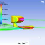 Computational fluid dynamics visualization showing aerodynamic analysis of side mirror with velocity streamlines and color mapping - APR Performance side mirror for Ford S650 Mustang Dark Horse