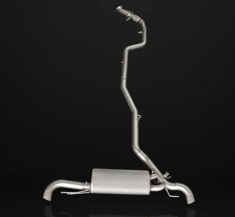 A front view of IPE SS Cat-Back Exhaust System with Remote Control for BMW X5 40i / X6 40i (G05/G06 - B58) 2018-2022 with black background