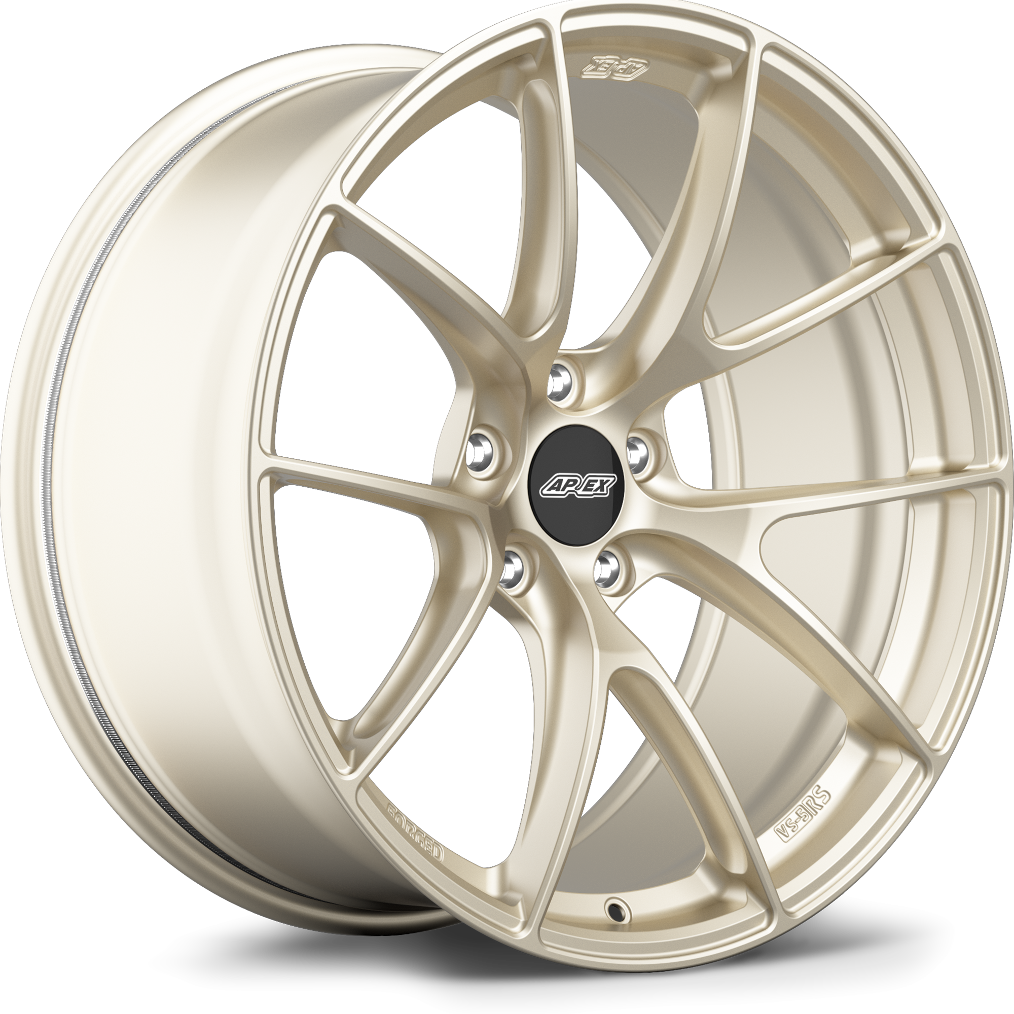 Single champagne gold aluminum alloy wheel with ten-spoke design and black center cap on white background - APEX Wheels wheel for 20x9.5 ET22 5x120 - Motorsport Gold