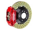 A front view of Brembo GT Rear Big Brake Kit 345x28 2-Piece 4-Piston Drilled Rotors for Dodge / Chrysler 2005-2023 with red caliper with white background