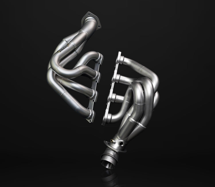 A front wide view of IPE SS Header for Ferrari F430 / F430 Spider 2004-2009 with black background