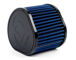 A top-down view of a conical blue air filter, showing the solid black circular top cap and the pleated sides expanding toward a wider black rubber base.