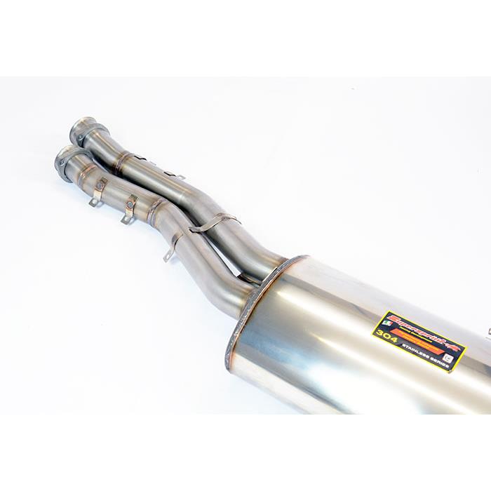 close top view of Supersprint Rear exhaust "Racing" OO70 100% Stainless Steel for BMW E36 M3 3.0 1992-1995 with white background