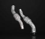 A front wide view of IPE SS Catted Downpipe for Ferrari F430 / F430 Spider 2004-2009 with black background