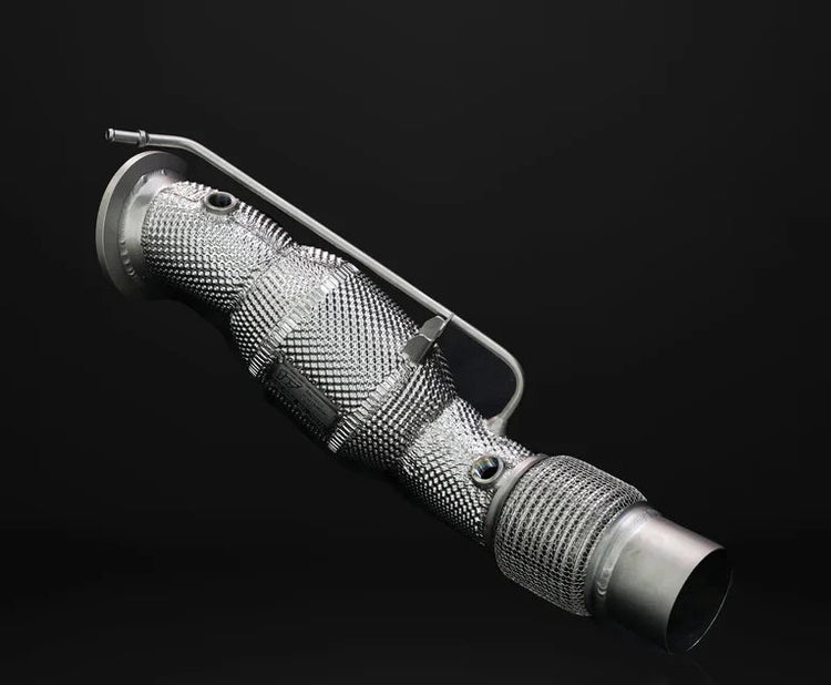 A front view of IPE SS Catted Downpipe for BMW (G2X - B48) 2019-2025 with black background