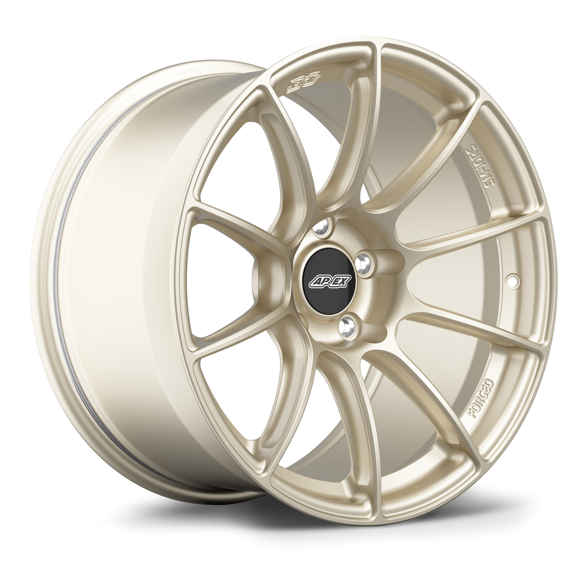 Gold-finished alloy wheel with ten-spoke design and black center cap on white background - APEX Wheels wheel for 18x12 ET42 5x120.65 - Motorsport Gold