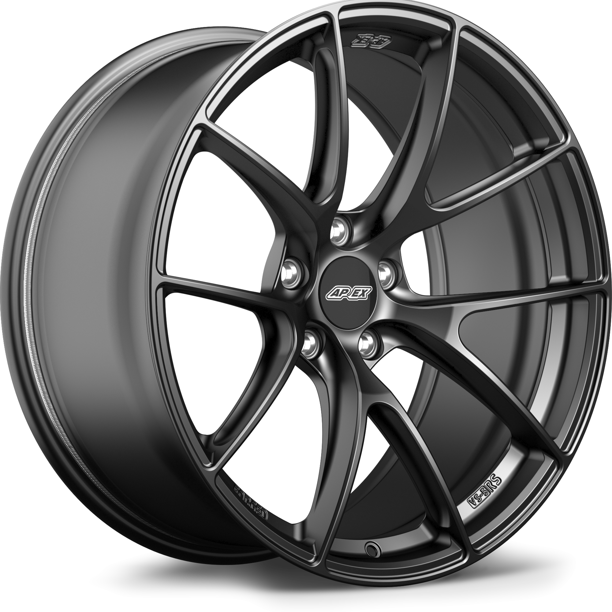 Single gunmetal wheel with split-spoke design and center cap on clean white background - APEX Wheels wheel for 20x12.5 ET55 5x120.65 - Satin Black