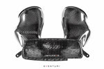 Three-piece carbon fiber intake assembly with curved side ducts and central mesh panel on white background - Eventuri intake for Porsche 911