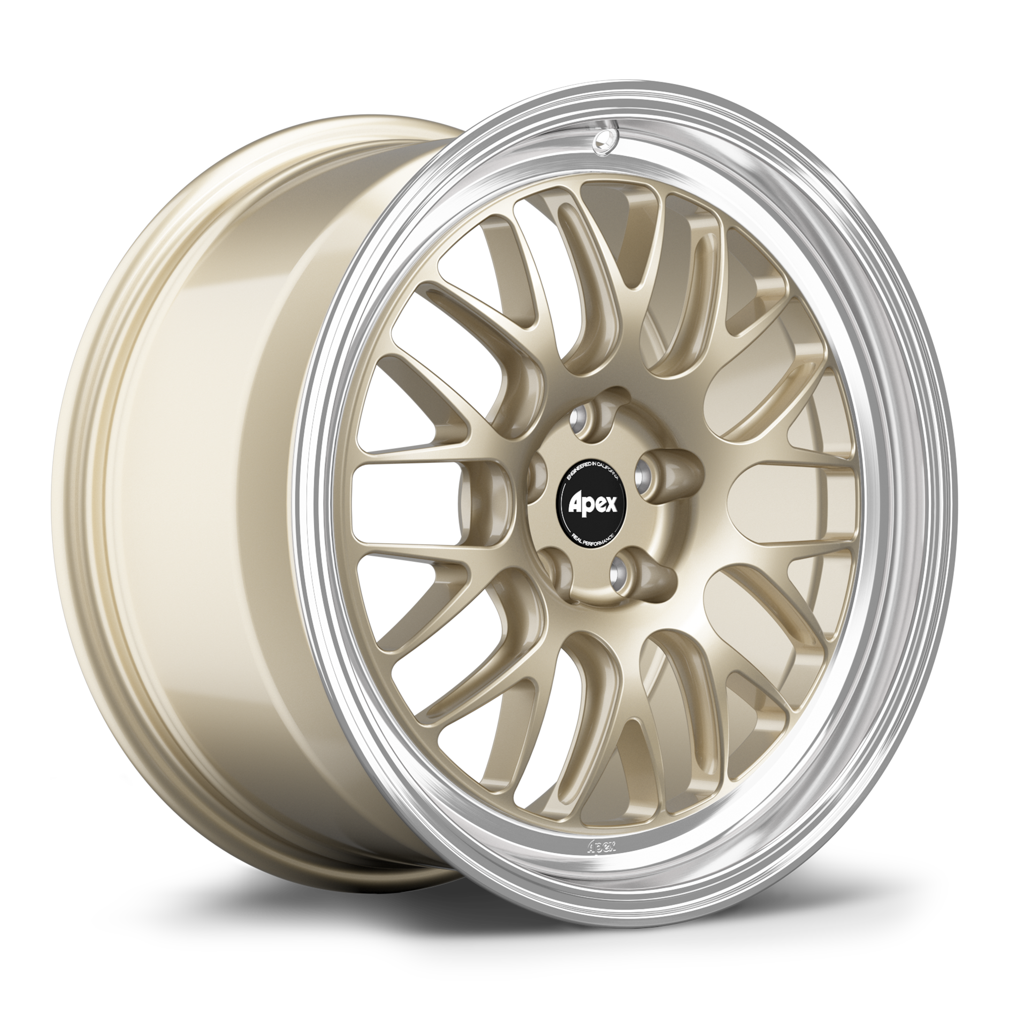 Gold-finished multi-spoke wheel with polished silver outer lip, featuring black center cap with white logo text - APEX Wheels wheel for 17x9 ET42 5x100 - Gloss Motorsport Gold - Machined Lip