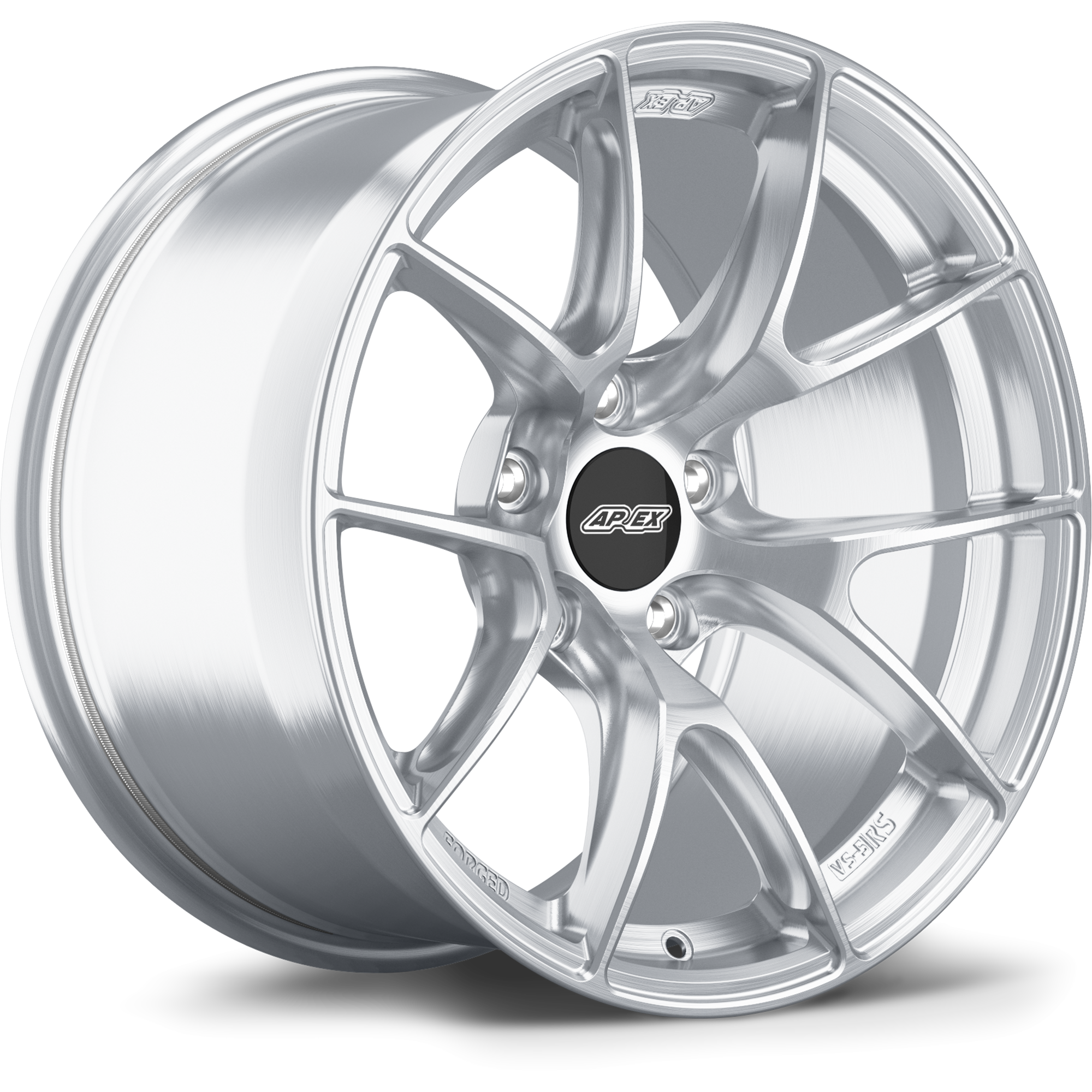 Silver alloy wheel with ten-spoke Y-shaped design featuring brushed metallic finish and black center cap with visible bolt holes - APEX Wheels wheel for 20x9.5 ET44 PSCL - Brushed Clear