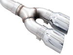 Close-up of the twin 4.5-inch Chrome Silver double-walled slash-cut tips on the AWE 0FG