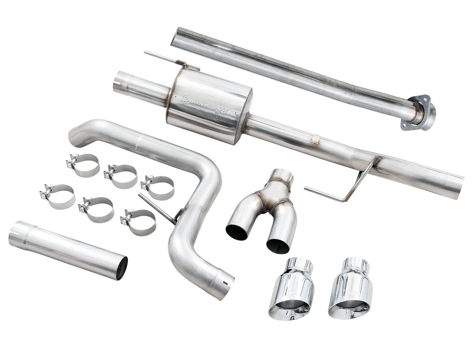 AWE 0FG side exit kit parts for the F-150: pipes, muffler section, clamps and Chrome tips