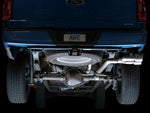 Underside of a blue 2021+ F-150 with the AWE 0FG side exit cat-back installed