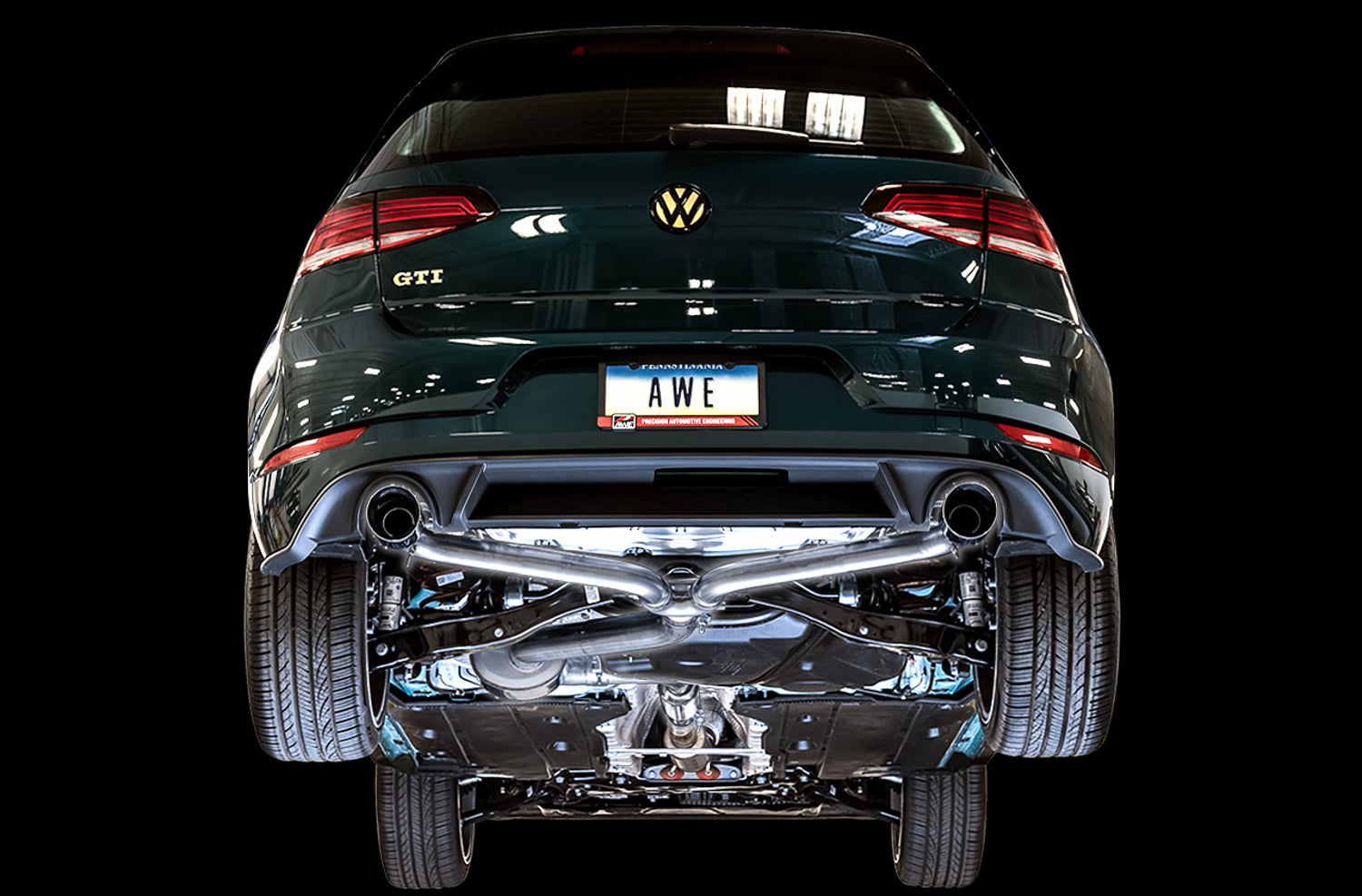 Underside of a GTI Mk7.5 with the AWE Touring Edition exhaust installed, rear section view