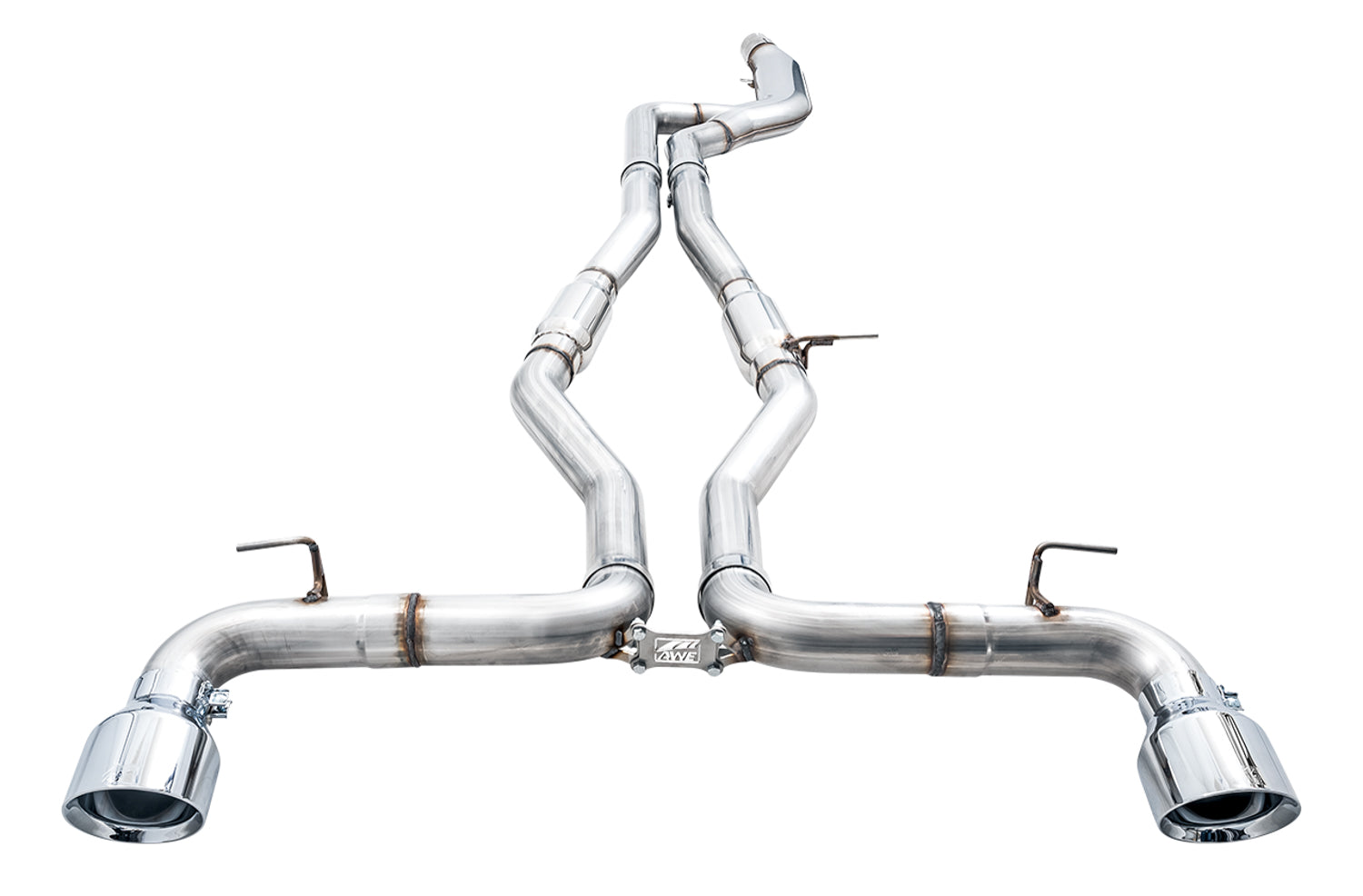 Top-down view of the AWE Supra Track system with its center crossover and twin rear exits