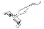 AWE Resonated Touring GR Supra cat-back on white with 180 Technology mufflers and chrome tips