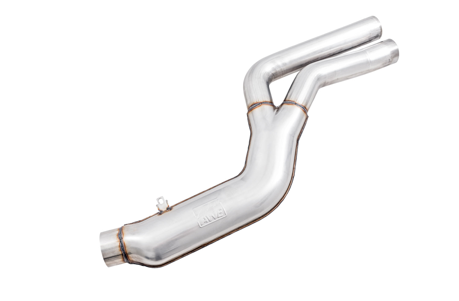 AWE GR Supra front Y-section that splits the downpipe flow into twin 3-inch pipes