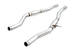 AWE resonated mid pipes for the A90 Supra on white, each with an inline bullet resonator