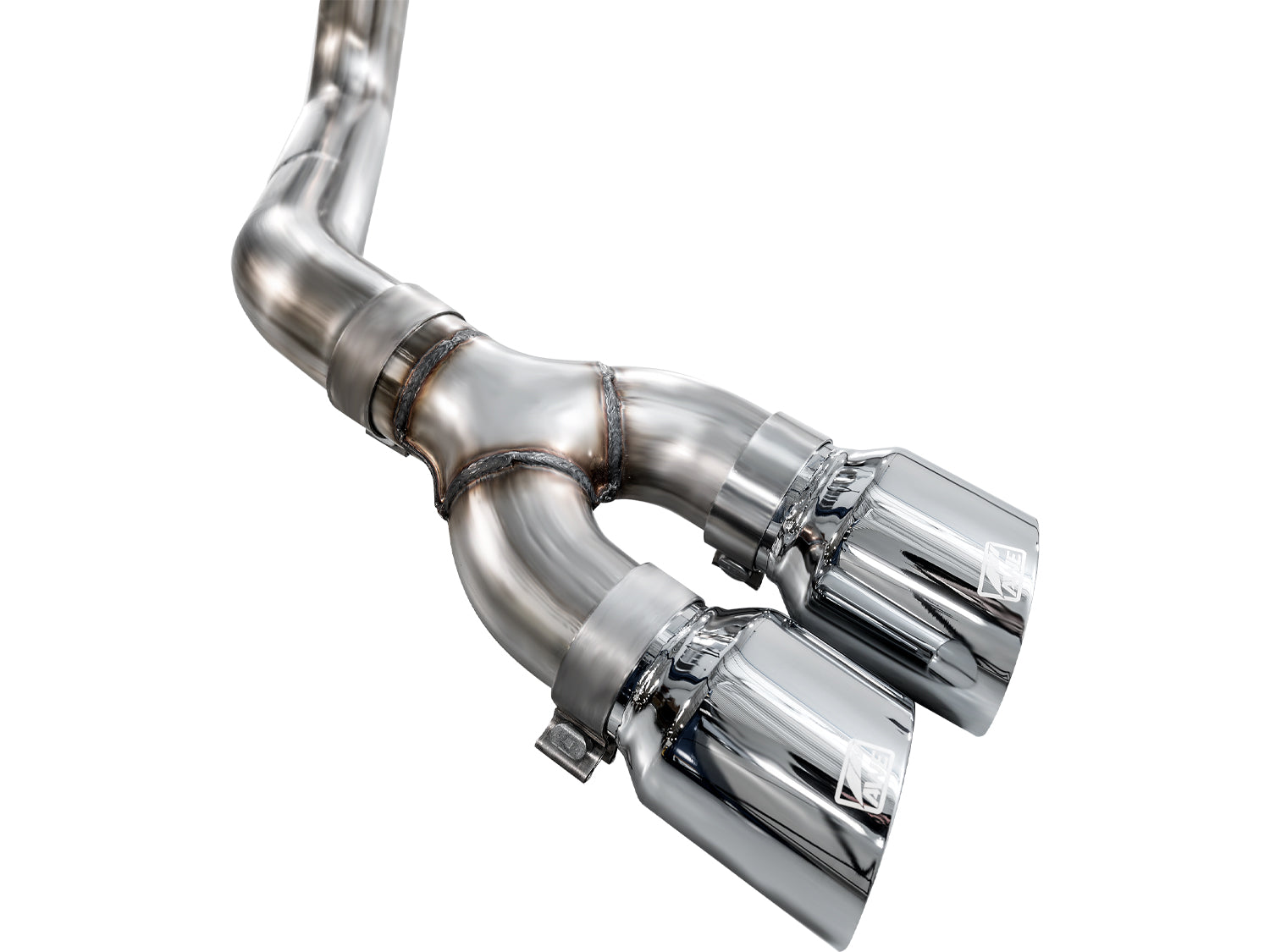 Close-up of the twin 4.5-inch Chrome Silver slash-cut tips on the AWE Regular Cab system